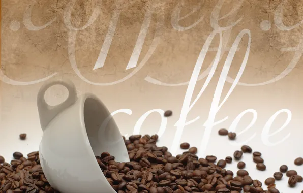 Надпись, кофе, кружка, кофейные зёрна, coffee