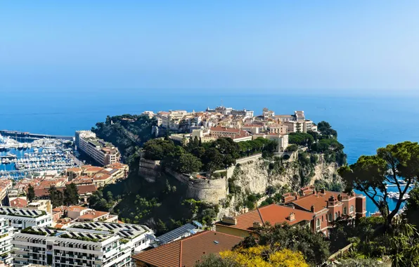 Море, город, скалы, побережье, дома, горизонт, вид сверху, Монако