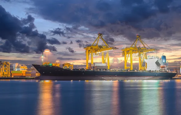 Картинка dusk, industrial, ship, cargo, crane, shipyard, logistic