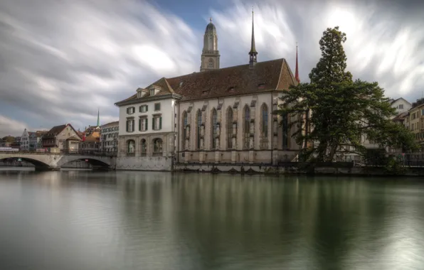 Картинка облака, мост, река, дерево, дома, Швейцария, собор, Zurich