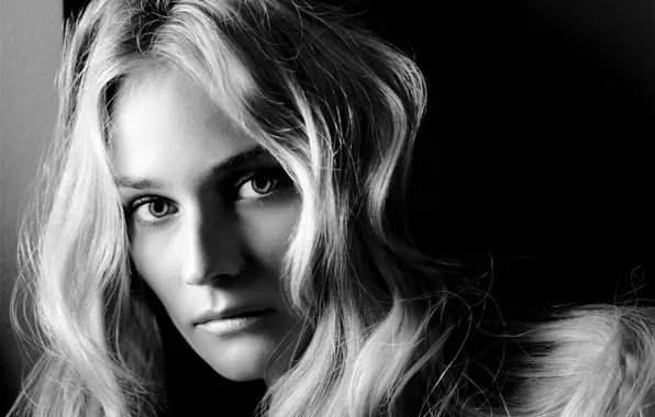 Взгляд, девушка, чёрно-белое, актриса, блондинка, Diane Kruger, Дайан Крюгер, hair