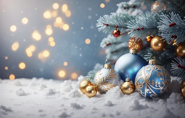Картинка зима, снег, украшения, шары, елка, Новый Год, Рождество, golden
