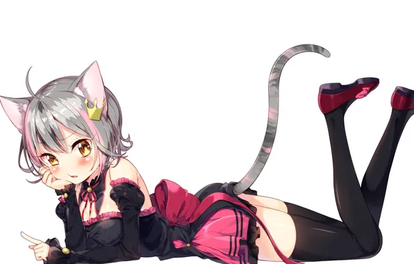 Белый, девушка, фон, неко, ушки, anime, art, хвостик