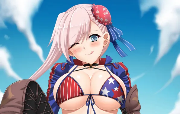 Girl, sexy, cleavage, pink hair, long hair, boobs, anime, blue eyes