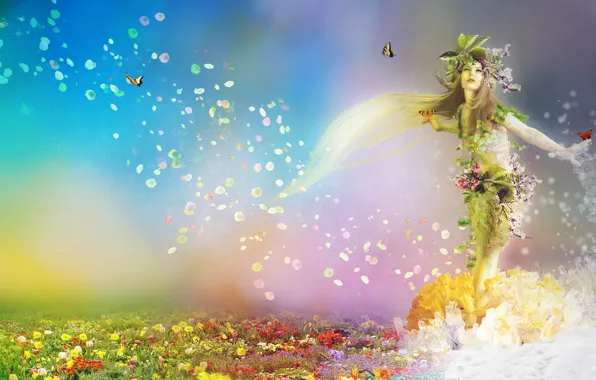 Картинка девушка, бабочки, цветы, природа, фантастика, времена года, весна, арт