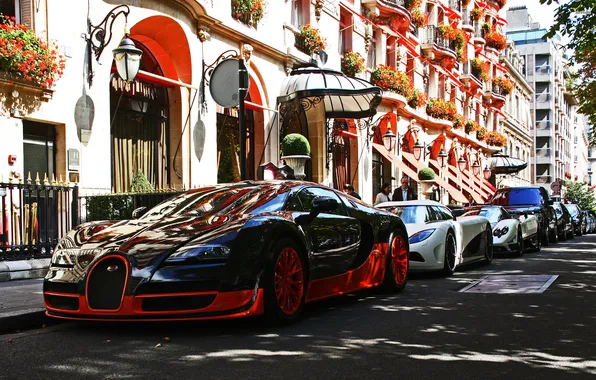 Картинка улица, Bugatti, Veyron, supercar, Black, Street