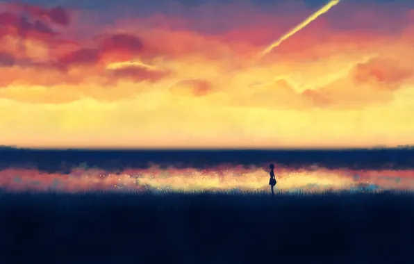 Картинка небо, девушка, облака, закат, силуэт, высокая трава