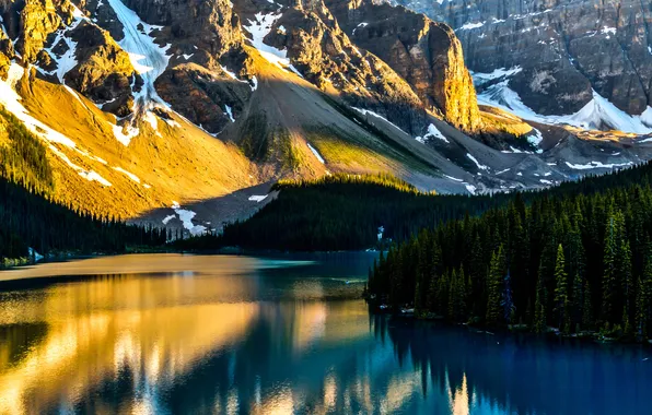Картинка лес, снег, горы, озеро, Banff National Park, Alberta, Moraine Lake