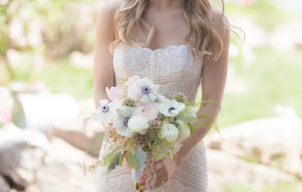 Картинка девушка, цветы, букет, платье, невеста, свадебный