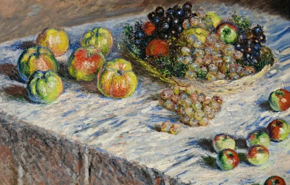 Картинка стол, картина, Клод Моне, Натюрморт. Яблоки и Виноград