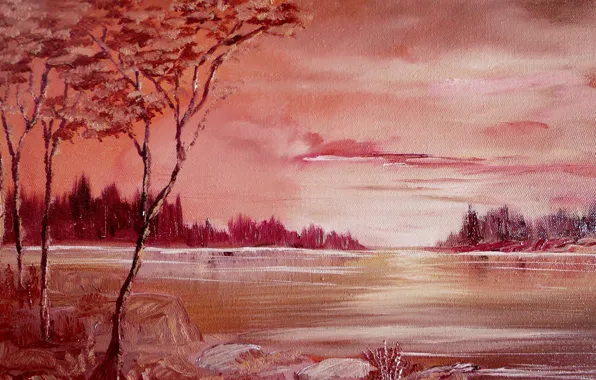 Картинка деревья, река, нарисованный пейзаж