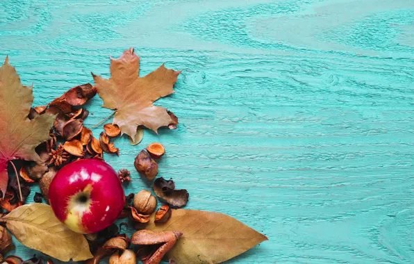Картинка осень, листья, фон, дерево, яблоко, colorful, фрукты, wood