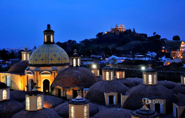 Крыша, небо, ночь, огни, Мексика, купол, Mexico, Puebla