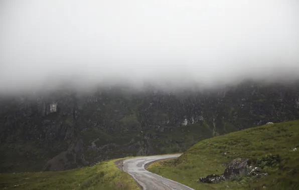 Road, clouds, mountain, cliff