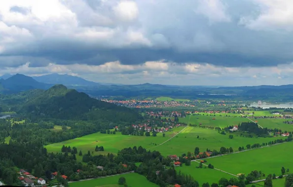 Дома, Горы, Деревья, Германия, Панорама, Замок, Бавария, Germany