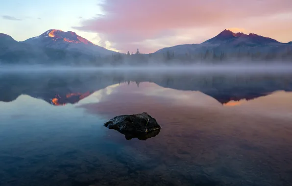 Картинка горы, озеро, отражение, камень, дымка, stone, водная гладь, mountains