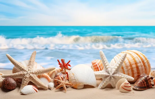 Картинка песок, море, пляж, лето, небо, берег, ракушки, summer