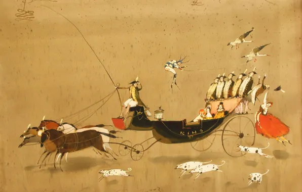 Картинка собаки, птицы, лошади, карета, 2003г, Все достали Короля.