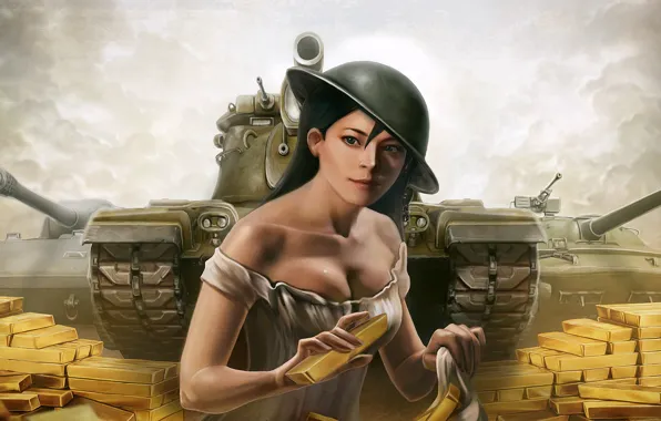 Девушка, золото, рисунок, арт, слитки, каска, танки, World of Tanks