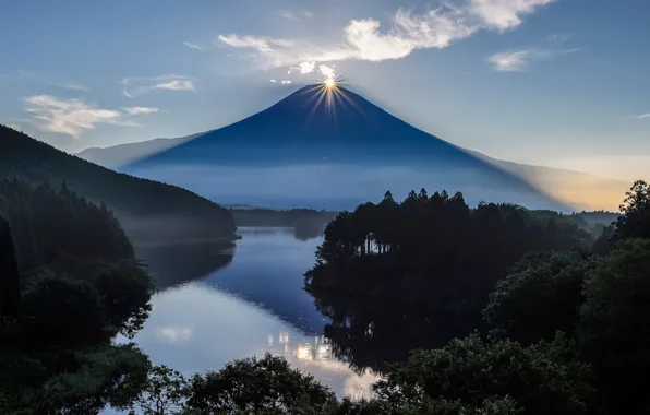 Солнце, гора, вулкан, Япония, Фуджи