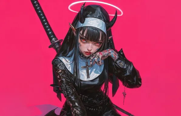 Devil, Anime, Tattoo, Katana, Demon, Pink Background, Nun, Anime Girl