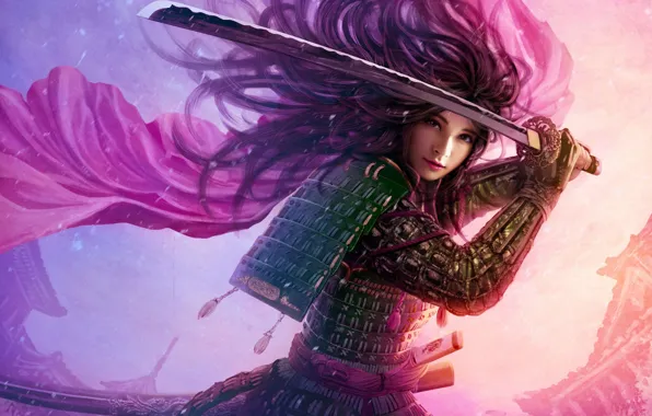 Картинка девушка, ветер, волосы, азия, меч, катана, арт, броня