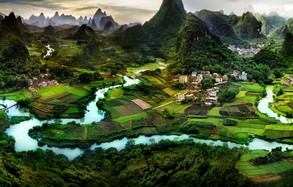 Горы, река, ландшафт, China, Гуилинь