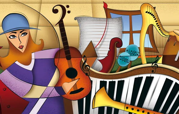 Картинка music, color, figures, composition, instruments