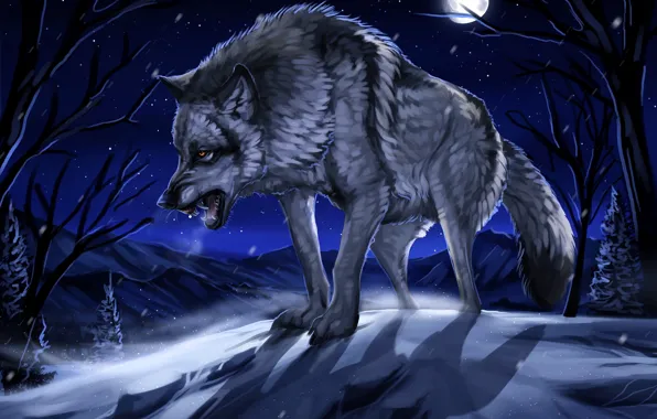 Картинка зима, лес, снег, ночь, луна, рисунок, волк, арт