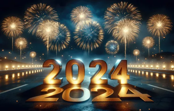 Glitter, цифры, golden, numbers, салют, 2024, fireworks, Новый год