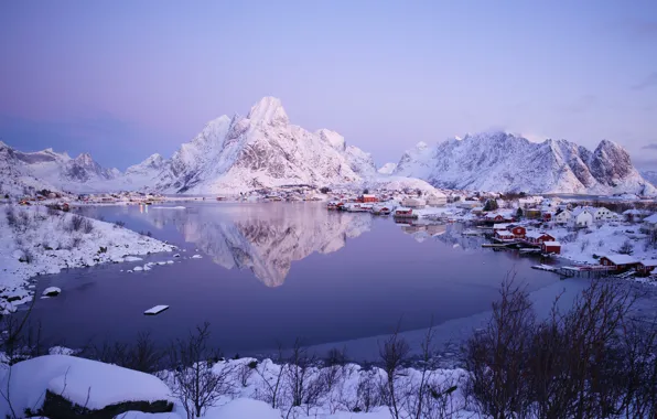 Картинка снег, бухта, Норвегия, посёлок