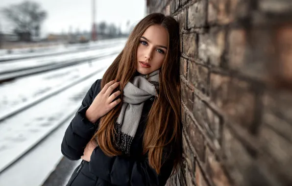 Girl, wall, long hair, photo, photographer, bricks, blue eyes, snow