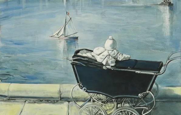 Париж, коляска, кораблик, ребёнок, 1954, Tsuguharu Foujita, Пруд в Люксембургском саду