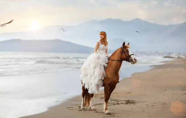 Картинка море, девушка, настроение, конь, лошадь, чайки, платье, Alessandro Di Cicco