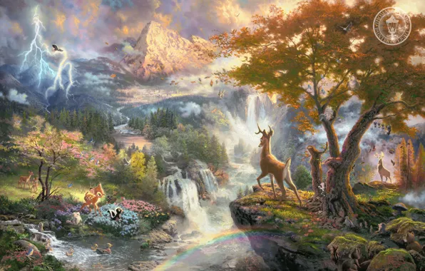 Картинка животные, горы, птицы, природа, река, мультфильм, водопад, Бэмби