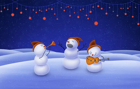 Картинка music, christmas, stars, snowman