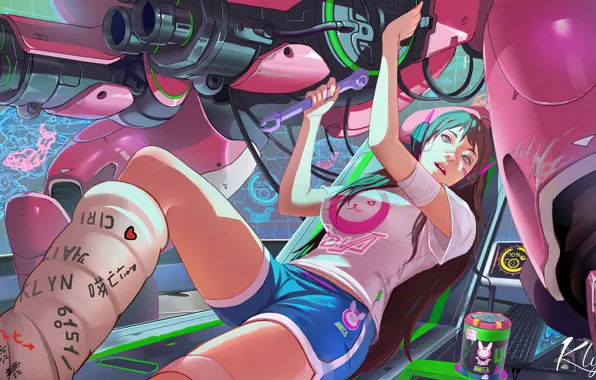 Девушка, броня, Overwatch, D.Va, гипс