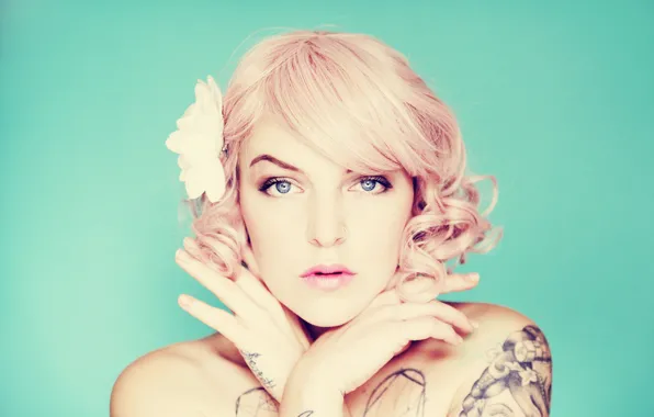 Girl, flower, lips, hair, tattoos, direct gaze