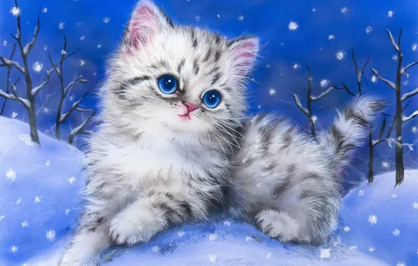 Зима, кошка, небо, снег, деревья, ветки, природа, поза