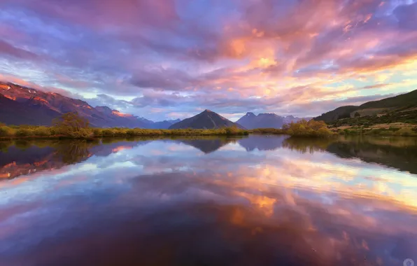 Небо, облака, отражения, горы, озеро, Новая Зеландия, Южный остров, Уакатипу