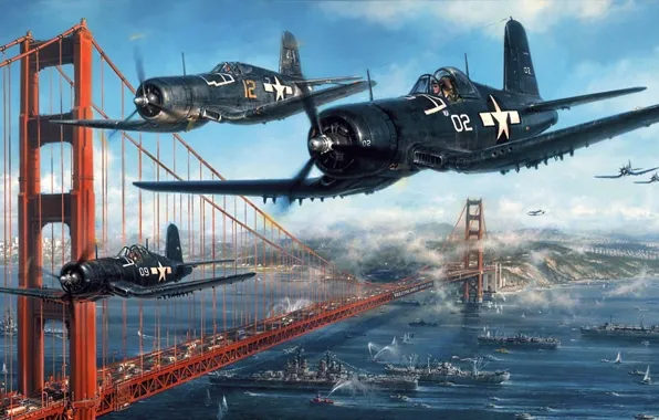 Пролив, самолет, рисунок, корабли, Golden Gate Bridge, ВВС США, палубный истребитель, мост золотые ворота