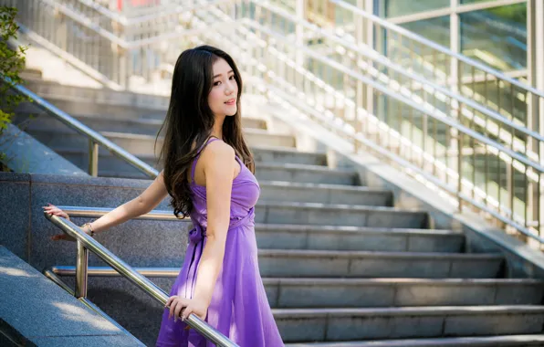 Платье, лестница, ступеньки, азиатка