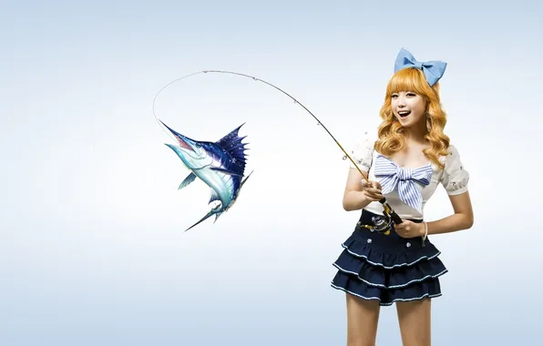 Девушка, улыбка, фон, японка, рыбалка, юбка, рыба, руки