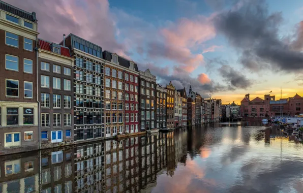 Отражение, здания, дома, Амстердам, канал, Нидерланды, Amsterdam, Netherlands