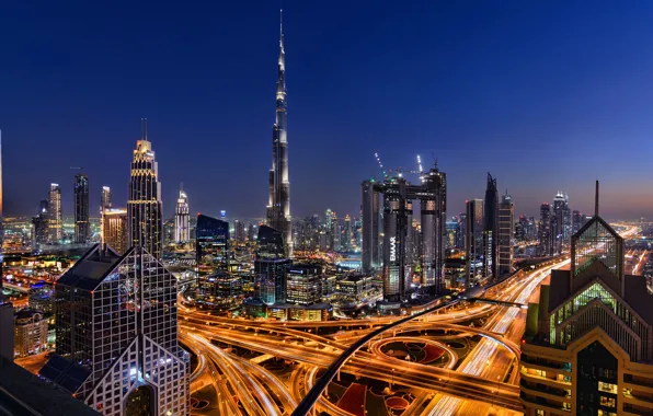 Картинка ночь, город, огни, дороги, дома, Дубай, небоскрёбы, вид сверху