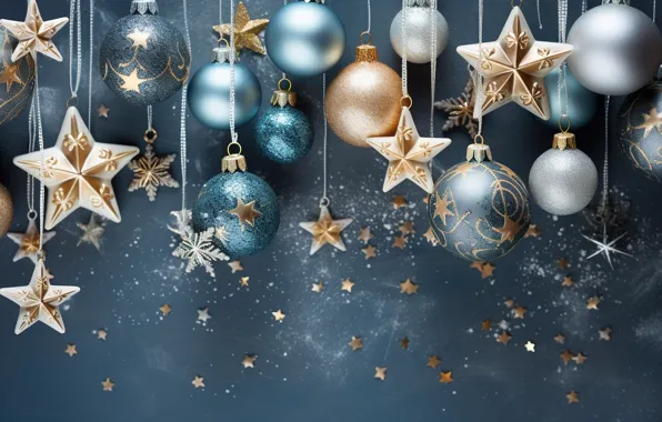 Звезды, фон, шары, Новый Год, Рождество, golden, new year, happy