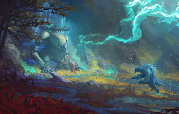 Существо, Дым, Люди, Оружие, Fantasy, Пилоты, Monster, Art