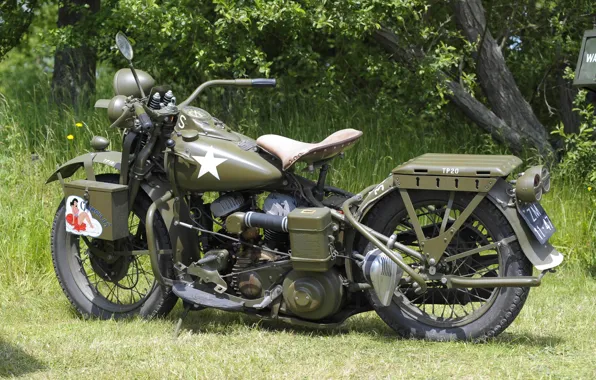 Картинка трава, модель, войны, мотоцикл, военный, Harley-Davidson, мировой, Второй