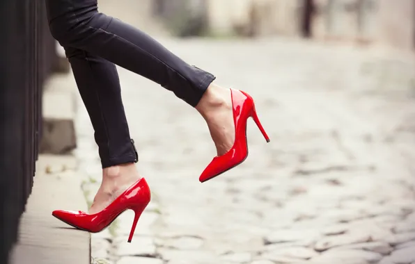 Red, woman, jeans, heels