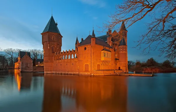 Вода, замок, Нидерланды, ров, Netherlands, Heeswijk Castle, Замок Хейсвик